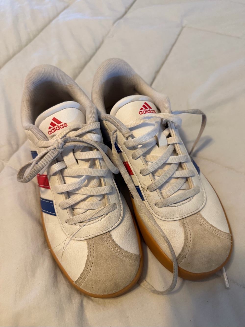 adidas White Sneakers with Red & Blue Stripes and Gum Sole